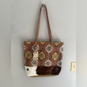 Olay Bags Large Double Leather Strap Cowhide Canvas Tote Weekender Bag Western